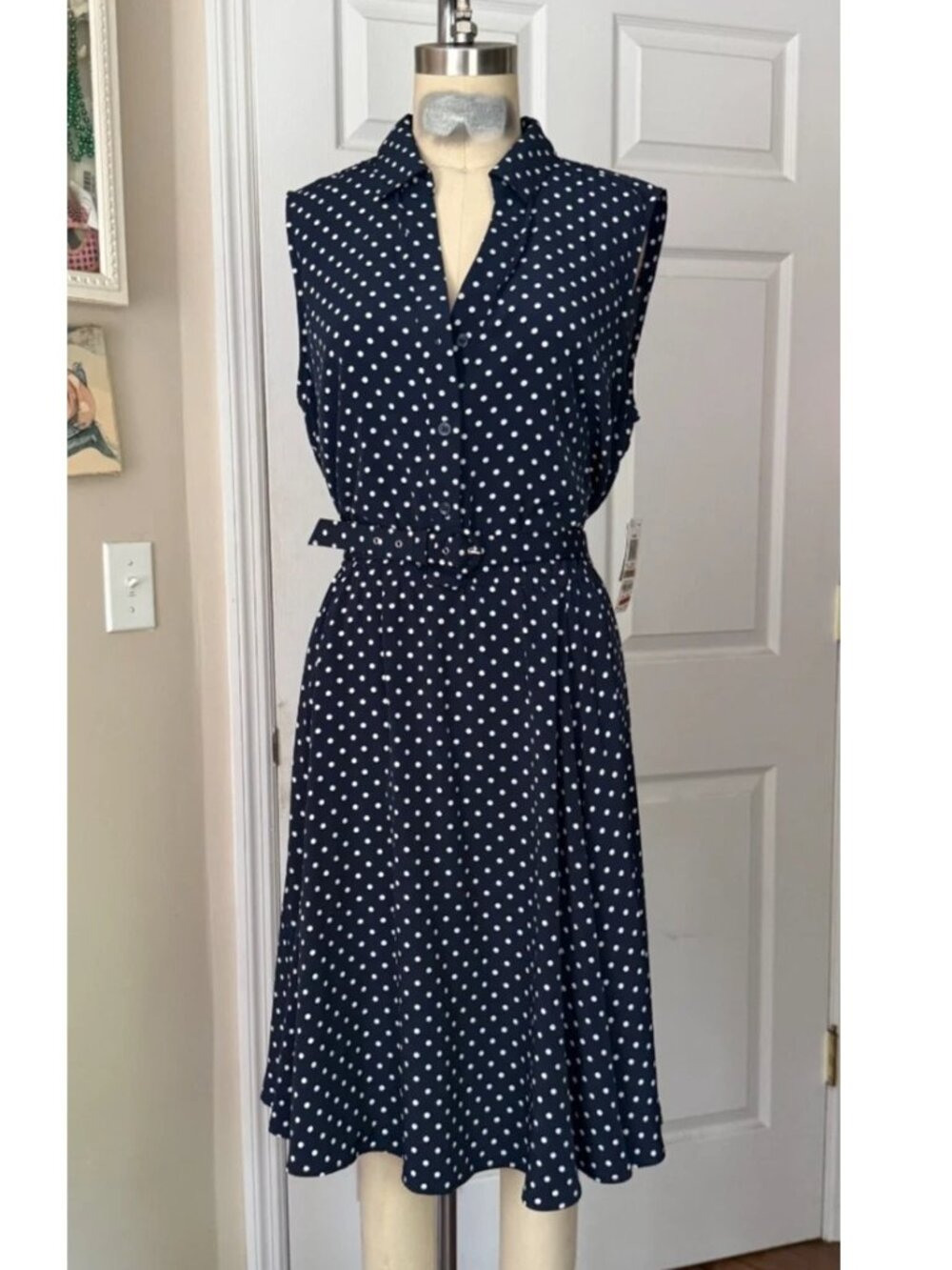 CHARTER CLUB Navy Polka Dot Rockabilly Belted Fit & Flare Swing Midi Dress *12P*
